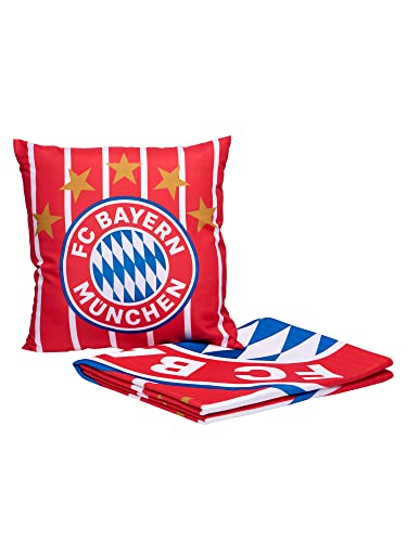 FC Bayern München Set mit Kissen & Decke | Gestreift| Maße: 130x170 cm Kissen: 40 x 40 cm