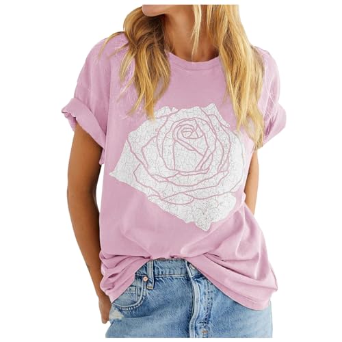 Kobilee T-Shirt Damen - Rundhalsausschnitt Locker T Shirt Rosen Drucken Schwarzes Weißes Tshirt Gelbes Grünes T-Shirts Basic Sexy Kostüm Baumwolle Batik Tee Tops Kurzarm