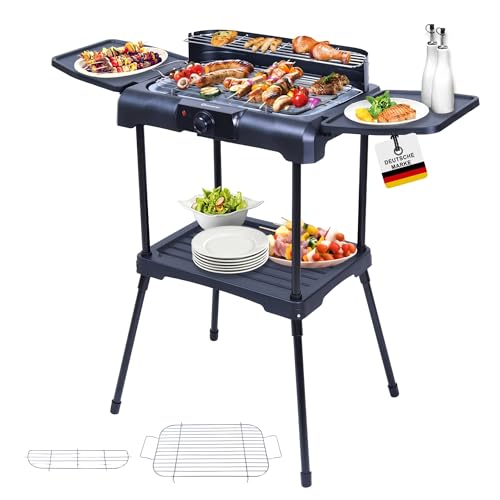 Sommertal BBQ231 Elektrogrill | Balkongrill | 2200W | Camping Grill | 2in1 Tischgrill mit Standfuß | Stufenloser Temperaturregler | Ablagefläche | Schnelles Aufheizen | Windschutz