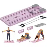 Faltbares Pilates-Brett, Pilates-Reformer-Set mit Ellenbogenstütze und Widerstandsbändern, Reformer-Pilates-Gerät mit Timer, Ab-Roller-Übungsrad, Trainingsausrüstung, Bauchbrett für zu Hause pink