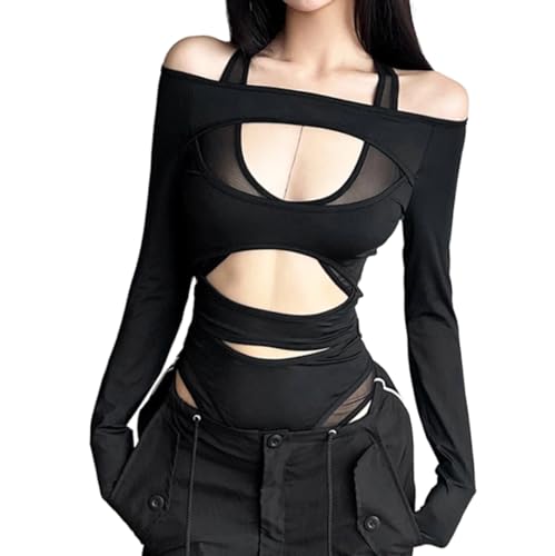 OUBOSI Goth Dark Cyber ​​Y2K Punk Hollow Out Sexy Bodysuits Shopping Mall Gothic Bodycon Mesh Sheer T-Shirts Women Long Sleeve Patchwork Bodysuit,schwarz,S