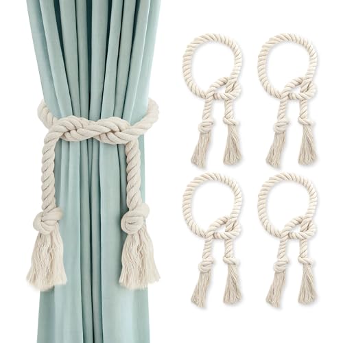 GlasFlength Vorhang Raffhalter, 4 Stück Boho Raffhalter für Vorhänge Handgestrickte Gardinenband 100CM Baumwolle Seil Curtain Rope Buckle Gardinenhalter für Schlafzimmer Office Wohnzimmer (Beige)