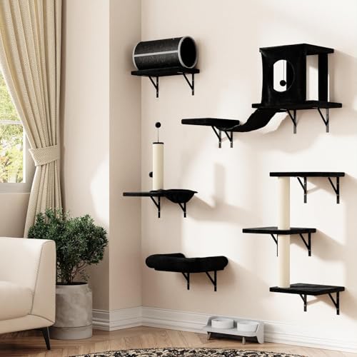 Kletterwand Katzen Set - 7-teilig, Stabiler Holzkletterer für Katzen, Wandpark mit Katzenhaus, Brücke, Tunnel, Baum, Treppe & Kratzbrett bis 10 kg (Schwarz)
