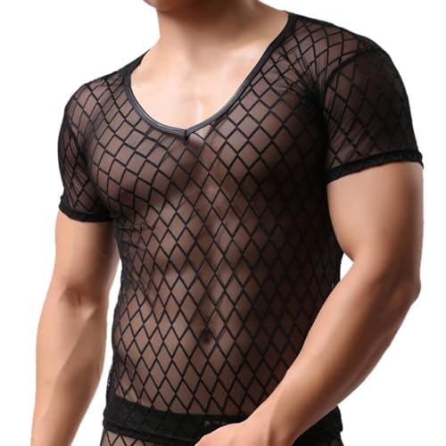 GKLWEJ Netzhemd Herren, Netzshirt Herren, Netz Tshirt Herren, Sexy Netz Unterhemd, Herren Muskel Transparent Shirts, Netz Oberteil Herren, Clubwear, Schwarz, XL