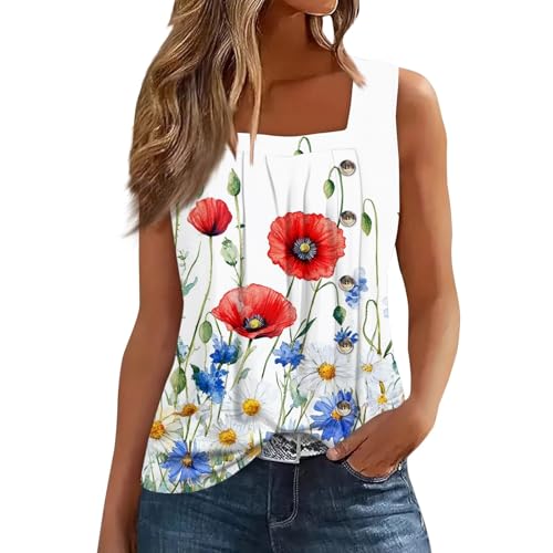 Oberteile Damen Blumenmuster Ärmellos Tshirt Mit Falten Quadratischer Ausschnitt Oberteile Mit Taste Casual Leicht Trägershirt Sommer Longtops Lockere Passform Angebote des Tages Heute