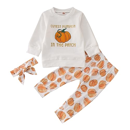 Babykleidung Baby Junge Mädchen Neugeborenen Baby Mädchen Frühling Sommer Druck Kürbis Halloween Langarm Hoodie Sweatshirt Outfits Stirnbänder Kleidung Halloween Outfit Tops + (White, 6-12 Months)