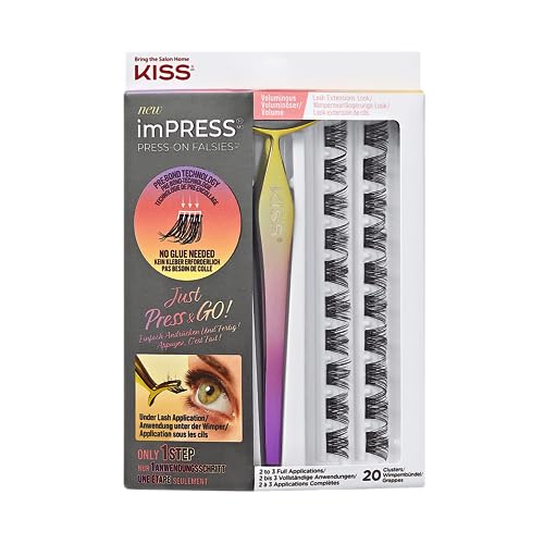 KISS imPRESS Press-On Falsies, selbstklebende Wimpern, Kein Kleber, künstliche Lash Cluster, Voluminous, 20 Cluster + Applikator