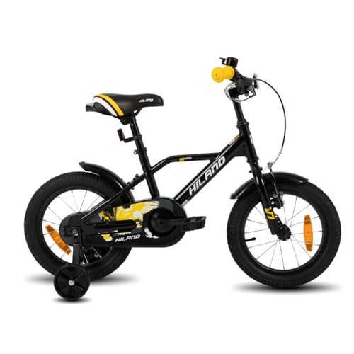 HILAND 16 Zoll Kinderfahrrad für Jungen 3 4 5 6 Jahre mit Stützrädern, Handbremse und Rücktrittbremse Schwarz/Orange