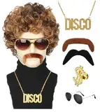 Clundoo Herren Perücke, 6PCS 70er Jahre Disco Dude Dirt Bag Perücke mit Halskette, Schnurrbart, Sonnenbrillen, Ringe, Hip Hop Disco Kostüm Accessoires, kurz gelockt Afro Shaggy Perücke