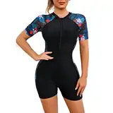 Badeanzug mit Bein Schwimmanzug Damen Burkini Muslimische Islamische Muslim Frauen Langarm/Kurzarm Blumen Druck Zip Up Neopren Kurz Neoprenanzug Rashguard Surfer Bademode Surfanzug Schwarz #2 L