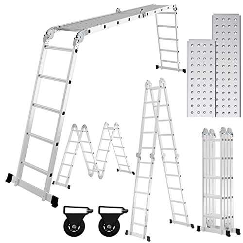 Ansobea 5.8M Aluminium Mehrzweckleiter 4x5 Stufen, Multifunktionsleiter mit plattform, Leiter mit 2 Gerüstplatten, Trittleiter bis 150 kg, Klappleiter 20 Stufen, Silber