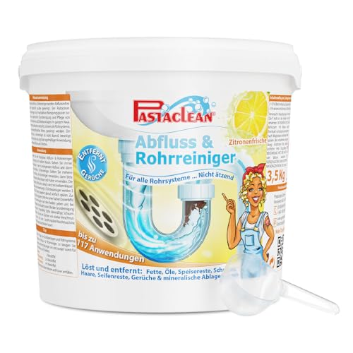 Pastaclean® Abflussreiniger Rohrreiniger, Entfernt Rohrverstopfungen im Bad & Küche, EXTRA STARK - Bis zu 134 Anwendungen, Entfernt Haare, Ablagerungen & Gerüche, (Duft: Zitrone), 3,5Kg