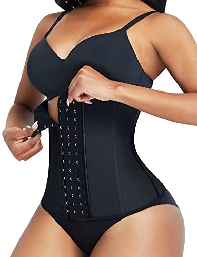 FeelinGirl Waist Trainer Damen Korsage mit 9 Stahlknochen Korsett Waist Cincher Latex Taillenmieder Unterbrust Shaper Body Bauchweg Corsage mit 3 Reihen Haken Schwarz XXS