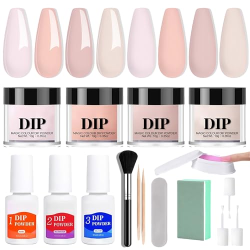 4 Farben Dipping Powder Nails Set Starter Kit - Natural Nude Pink Dipping Powder - Glossy Dipping Powder Nails Set mit Unterlack, Überlack & Aktivator - Für Frauen French Dip Manicure DIY Salon