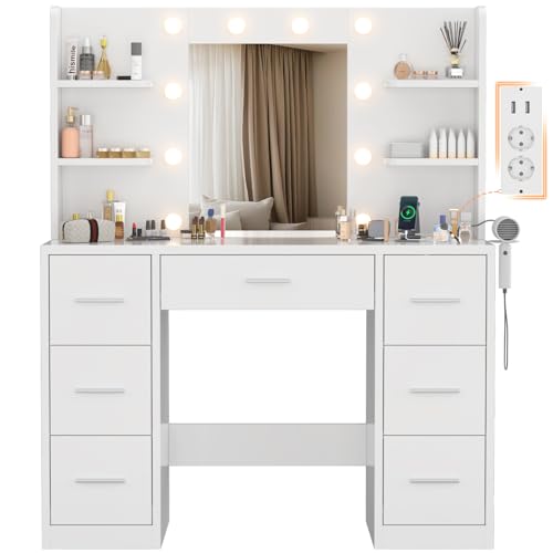 Devoko Schminktisch mit Spiegel, LED-Licht und Steckdose, Verstellbare Helligkeit, Toilettentisch mit 7 Schubladen, Offenen Regalen, Moderner Schminktisch für Schlafzimmer und Ankleidezimmer (Weiß)