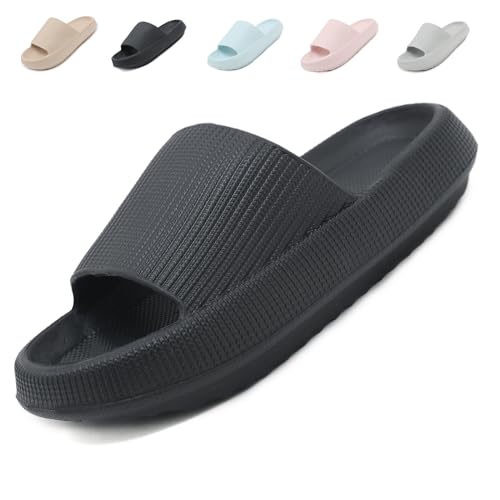 Uniuni Badeschuhe Herren Cozislides Original Slippers Cloudyzz Hausschuhe Damen Cozy Slides Wolken Schuhe Weiche rutschfest Schlappen Dicke Sohle Badelatschen Sommer Strand Pantoletten Schwarz 42/43