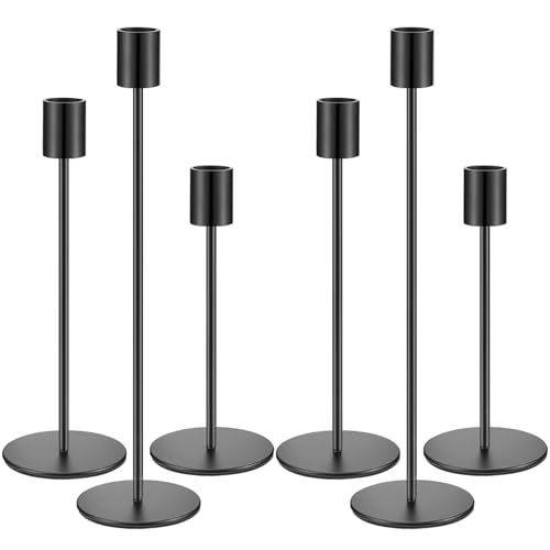 Kerzenständer Set 6 Kerzenhaltern Säulenförmig Kerzenhalter in 3 verschiedenen höhen 23/28/33CM Kegelkerzenhalter für Party,Hochzeitstisch,Geburtstag,Abendessen,Kerzenhalte Vintage Deko (1, Noir)