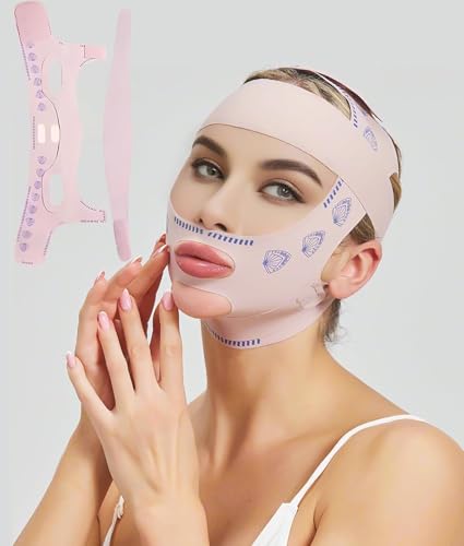 Dooyilets V-Gesichtsmasken, Lifting-Maske, Wiederverwendbare V-Linien-Maske,V-förmige Schlankheits-Gesichtsmaske für Doppelkinn und schlaffe Gesichtshaut (Rosa)