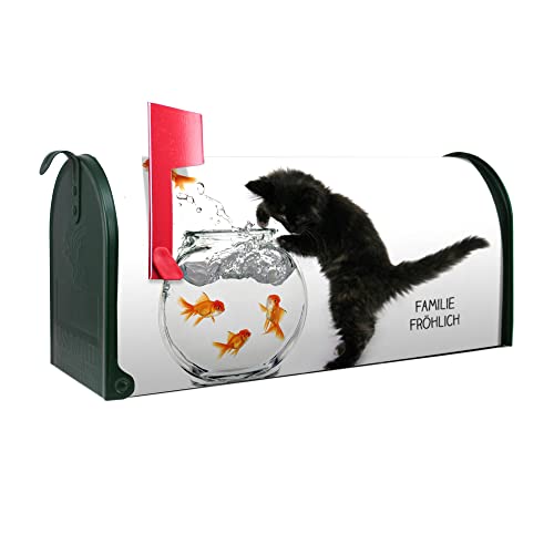 banjado® Amerikanischer Briefkasten individualisiert - US Mailbox/Letterbox mit Motiv Katze Und Fisch 51x22x17cm - Postkasten Stahl aus Amerika – Briefkasten amerikanisch pulverbeschichtet