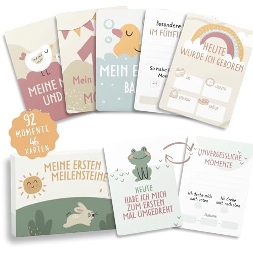 HuBorns - Meilensteinkarten Baby zur Erinnerung an Besondere Momente, 46 Baby Meilensteinkarten Einzigartige und Wunderschön Gestaltet, Baby Monatskarten Ideal für Babygeschenke (Deutsch)