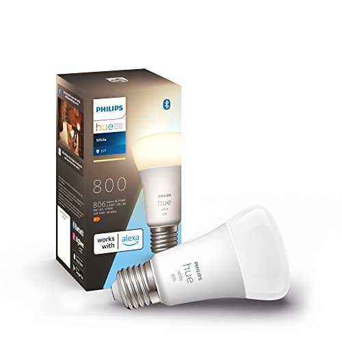 Philips Hue White E27 LED Lampe (806 lm), dimmbares LED Leuchtmittel für das Hue Lichtsystem mit warmweißem Licht, smarte Lichtsteuerung über Sprache und App