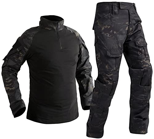 Uugood Combat Shirt Pant Tactical Anzüge Armee Militär T-Shirt Paintball Ausrüstung Taktische Kleidung Bundeswehr Langarm Multicam Uniform für Airsoft Paintball Jagd, schwarze nacht, L