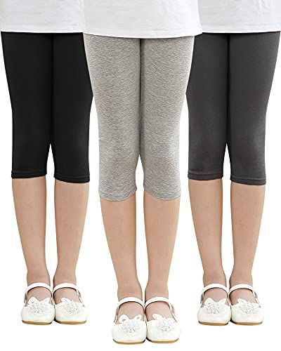 Adorel Mädchen Capri Leggings Baumwolle 3/4 Sommer Kurz Hosen Shorts 3er-Pack Schwarz & Hellgrau & Graphite Grau 104-110 EU (Herstellergröße 110)