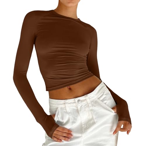 Damen Slim Tops Langarm Rundhals Crop Top T-Shirt Basic Solid Tight Slim Fit Cropped Shirt Workout Yoga Laufbekleidung Damen (Coffee, S)