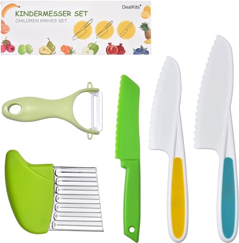 Kindermesser 5-teiliges Kinder Sicherheit Küchenmesser Set zum Schneiden Kochen von Obst oder Gemüse inklusive Kochmesser Obstmesser Schäler Geschenke für Kleinkinder Geburtstag Weinachten