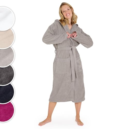 Blumtal Bademantel Damen, kuschelig weicher Bademantel Damen Baumwolle mit gefütterter Kapuze und samtigen Frottee-Velours, Oeko-TEX® Zertifiziert, Größe M, Grau