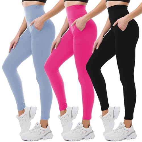 SINOPHANT Sport Leggings Damen mit Taschen, High Waist Sportleggins Lang Blickdicht Laufhose Fitnesshose Sporthose Yogahose für Yoga Sport(#3er Pack Schwarz/Hellblau/Rosa Rosa,S-M)