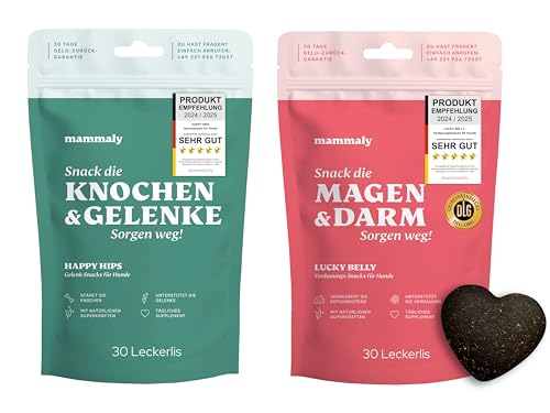 mammaly Lucky Belly + Happy HIPS Test-Bundle (2X 110g) – Probiotika Verdauungssnacks & Grünlippmuschel für Hunde – Magen & Darm Snacks + Knochen- & Gelenktabletten als Hundeleckerli