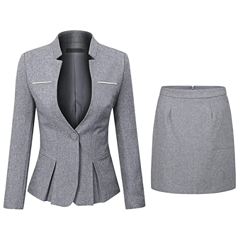 YYNUDA Anzug Set Damen Blazer mit Rock/Hose Slim Fit Hosenanzug Elegant Business Outfit für Office S Hellgrau+Rock