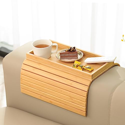 GEHE Natural Bamboo Sofa Armlehnenablage, Sofaablage Tisch für Couch, Sofa Armlehne Tablett Tisch Anti-Rutsch Sofatisch, Couch Getränkehalter für Snacks, Handy, Steuerung, Tassen, flexibel und faltbar