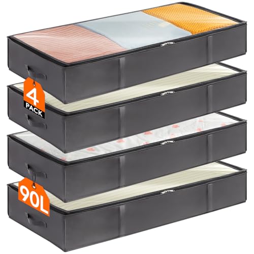 Lifewit 4 Stück 90L Unterbettkommode, Unterbett Aufbewahrungsbox mit deckel, Faltbare Kleidung Aufbewahrung Aufbewahrungstasche für Bettdecken Kleidung Unterbett Kleiderschrank, Grau