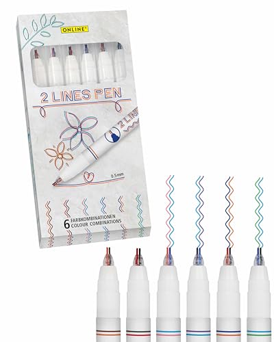 Online 6er Set 2-Lines-Pen I bunte Handlettering-Stifte mit Doppellinien I mehrfarbige Zwei-Linien-Stifte zum Lettern, Zeichnen I Zwei-Farben-Stift