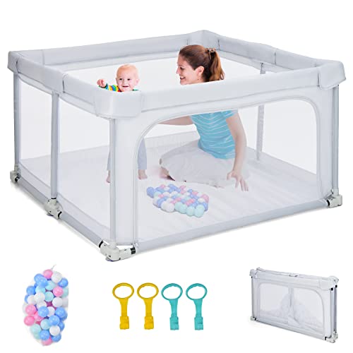 COSTWAY 124 x 124cm Baby Laufstall klappbar, tragbarer Laufgitter mit 50 Bälle, 4 Griffe, Verriegelungsfunktion, Krabbelgitter mit Netzwänden & Tür, Laufgitterzelt für Säuglinge & Kinder (Hellgrau)