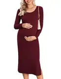 Ekoauer Damen Umstandskleid Langarm Winter Bodycon Kleid Elegant Schwangerschaftskleid Umstandsmode, Weinrot, L