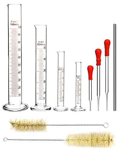 QWORK 4 Pcs Messzylinder Glas, 5 ml/10 ml/50 ml/100 ml, mit 3 Pcs Glaspipetten, 2 Pcs Bürst für Reagenzglas, 1 Pcs Glasrührstab