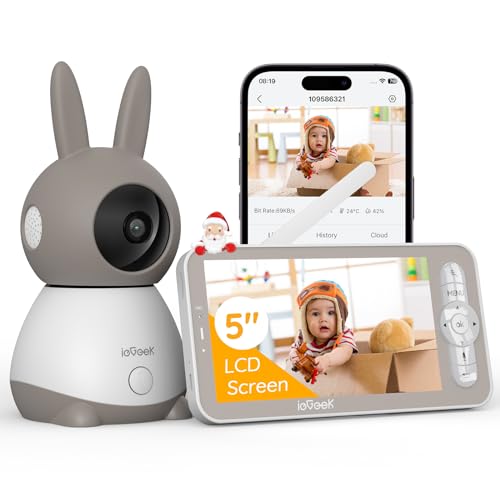 ieGeek Babyphone mit Kamera 2K/3MP, 5 Zoll WLAN Video babyfone PTZ 355°, IR-Nachtsicht, Automatische Verfolgung, Weinen/Bewegungs/Geräuscherkennung, Temperaturanzeige, unterstützt Mobile App Steuerung