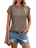 Cuptacc T-Shirt Damen Sommer Tops Für Damen Oberteile Rundhalsausschnitt Business Bluse Kurzarm Tops Teenager Mädchen CoffeeGrey Klein S 34-36