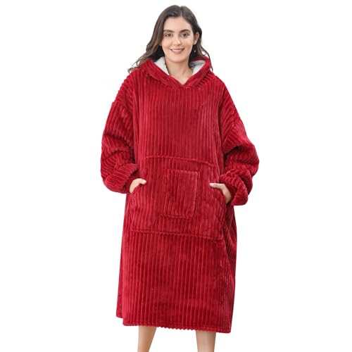 VHOME Oversized Hoodie Decke, Übergroßer Damen Herren mit Ärmeln und Kapuze Tragbare Decke, Superweiche und Warme Erwachsene Decken Für Weihnachts Geburtstags Geschenke Rot 110x80cm