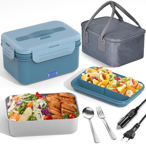 Vabaso 100W Elektrische Lunchbox Erwachsene, Thermo Lunchbox mit Besteck und Isolierter Lunchbeutel, 12 24 230V, Auslaufsicherer, 1.8 L Großbehälter, Brotdose mit Fächern für Auto, LKW, Zuhause, Blau