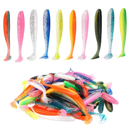50 Stück Gummiköder Barsch Set,7.5 cm Gummifische Zander mit Reflektierende Pailletten,Zander Gummifisch, Gummifisch Barsch Köder,Gummifische Barsch für Zander Forelle Köder (10 Farben)