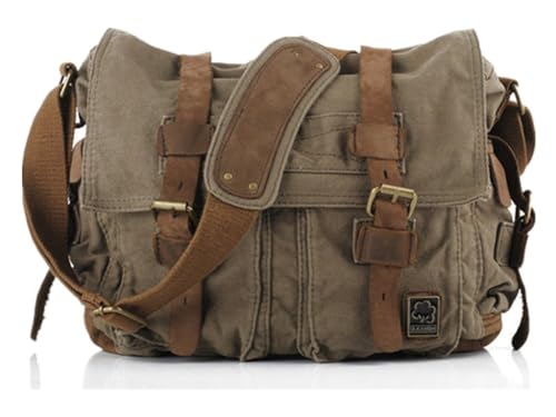 Sechunk Schultertasche Vintage Leder Umhängetasche Canvas Laptop Tasche Retro Messenger Taschen (Armee Grün, Groß-17‘’)