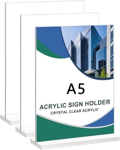 3 Stück Tischaufsteller A5, Preisschilder Aufsteller Tischständer Doppelseitiger Vertikaler Tischaufsteller Ständer Menükartenhalter Acryl T-Ständer für Prospekte Menükarte Werbung Fotorahmen