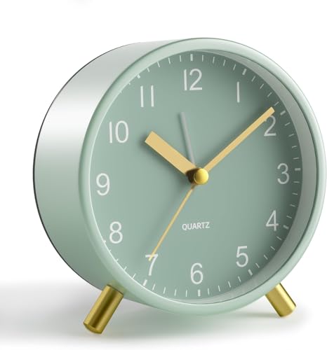 Jisile Wecker Analog, Wecker Ohne Tickgeräusche, Moderner Quarzwecker mit goldenem Ständer, Salbeigrün Zifferblatt, Retro Wecker, Batterie Wecker, Schlafzimmer Uhr
