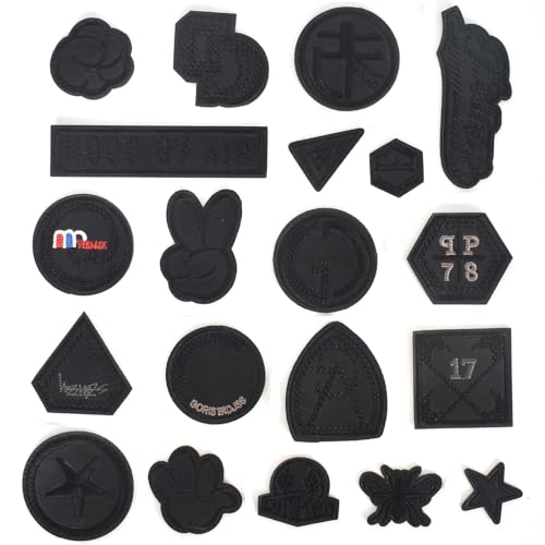 20 Stück Schwarze Aufnäher zum Aufbügeln, Bestickte Applikationen, Patches zum Nähen, Stickerei-Applikation-Set zum Aufbügeln Oder Aufnähen für DIY Kleidung Jeans T-shirt Jacken Rucksäcke