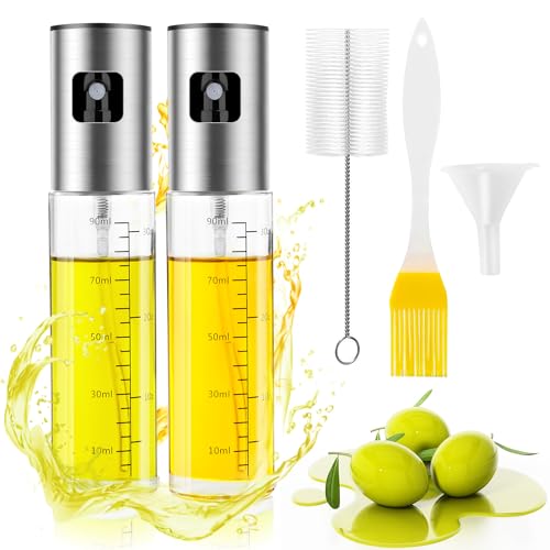 Riwer 2 Stück 100ml Ölsprüher - Ölsprühflaschen für Heißluftfritteuse - Öl Sprayer Sprühflasche für Grillen Backen Salate - Inkl. Backpinsel Trichter Bürste