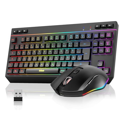 RedThunder 75% Kabelloses Tastatur und Maus Set, QWERTZ 94 Tasten TKL Layout, RGB, Wiederaufladbar Funktastatur mit Multimedia Funktionstasten, 7D Optische Maus für PC Xbox PS5, Büro (Schwarz)